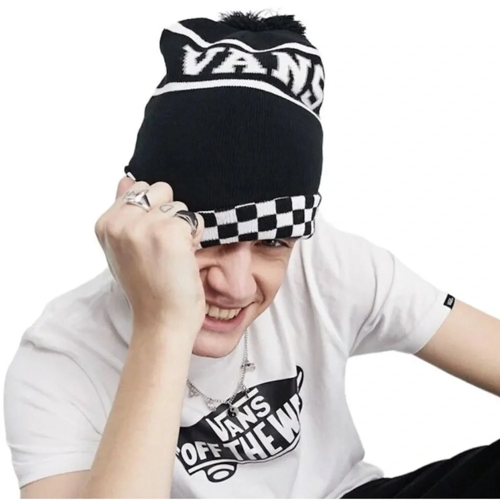 Vans WM Spirit Pom Black Checker Beanie Skateboarding Hat Women Men VN0A5LG3BLK